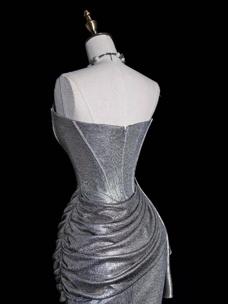 Silver strapless dress, made of glossy fabric, with side pleats and high slit design by YiHuiw