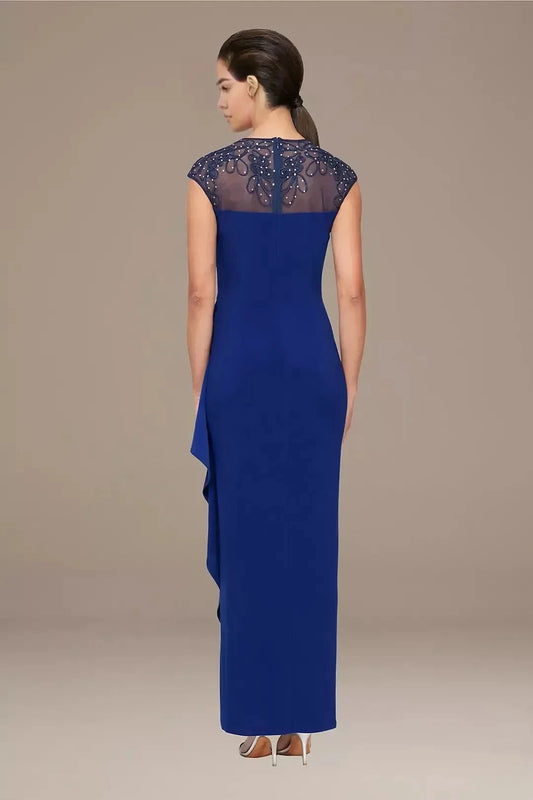 Simple Sheath V Neck Cap Sleeve Lace Back Floor Length Mother of the Bride Dress by YiHuiw