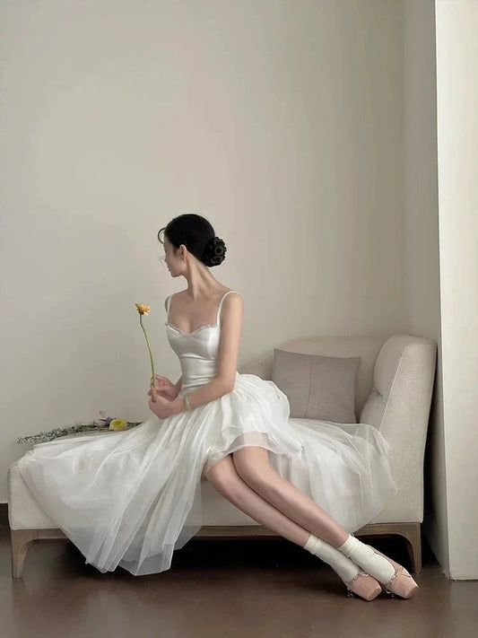 Simple A Line Spaghetti Straps Prom Gown Summer Wedding Guest Dress Bridal Guest Dresses White Wedding Outfits For Guest simple gentle atmospheric and unique desi Bring summer colors to enhance whiteness by YiHuiw