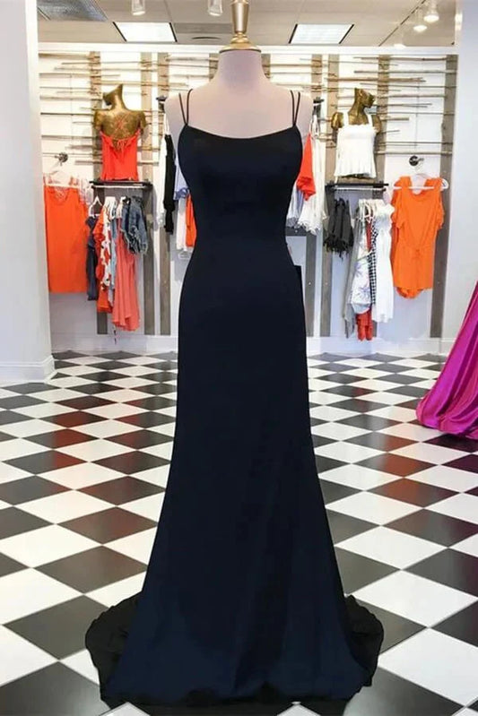 Simple Black Satin Sheath Spaghetti Straps Long Prom Dresses Evening Gown simple gentle atmospheric and unique desi Bring summer colors to enhance whiteness by YiHuiw