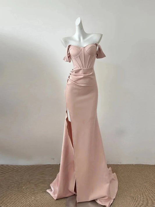 Simple Elegant Long Floor Length Satin Ball Gown Evening Dress Party Dress simple gentle atmospheric and unique desi Bring summer colors to enhance whiteness by YiHuiw
