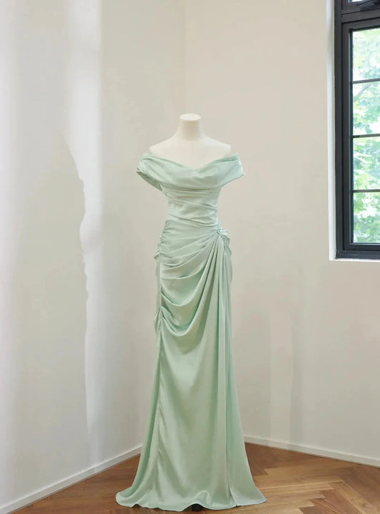 Simple Fashion Off Shoulder Long Satin Prom Dress Evening Dress Party Dress Bridesmaid Dress simple gentle atmospheric and unique desi Bring summer colors to enhance whiteness by YiHuiw