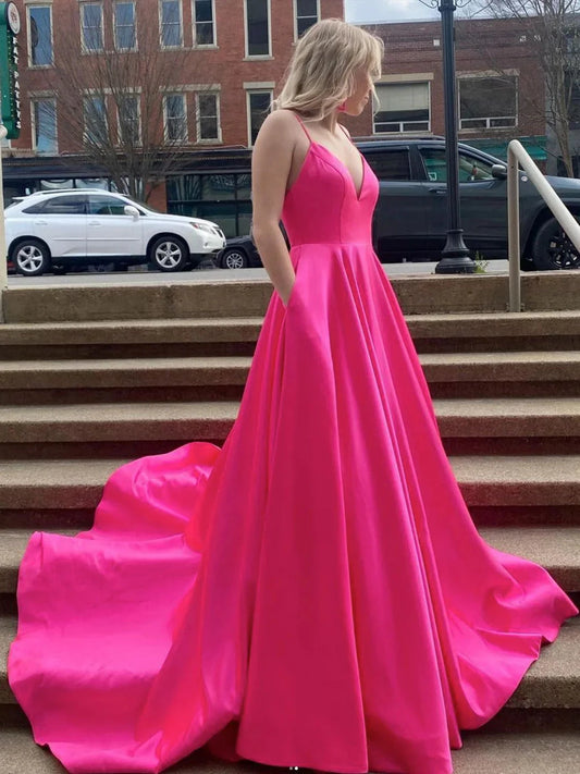 Simple Fuchsia V Neck Satin Long Prom Dress Satin Graduation Dresses with Pockets simple gentle atmospheric and unique desi Bring summer colors to enhance whiteness by YiHuiw