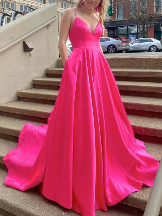 Simple Fuchsia V Neck Satin Long Prom Dress Satin Graduation Dresses with Pockets simple gentle atmospheric and unique desi Bring summer colors to enhance whiteness by YiHuiw