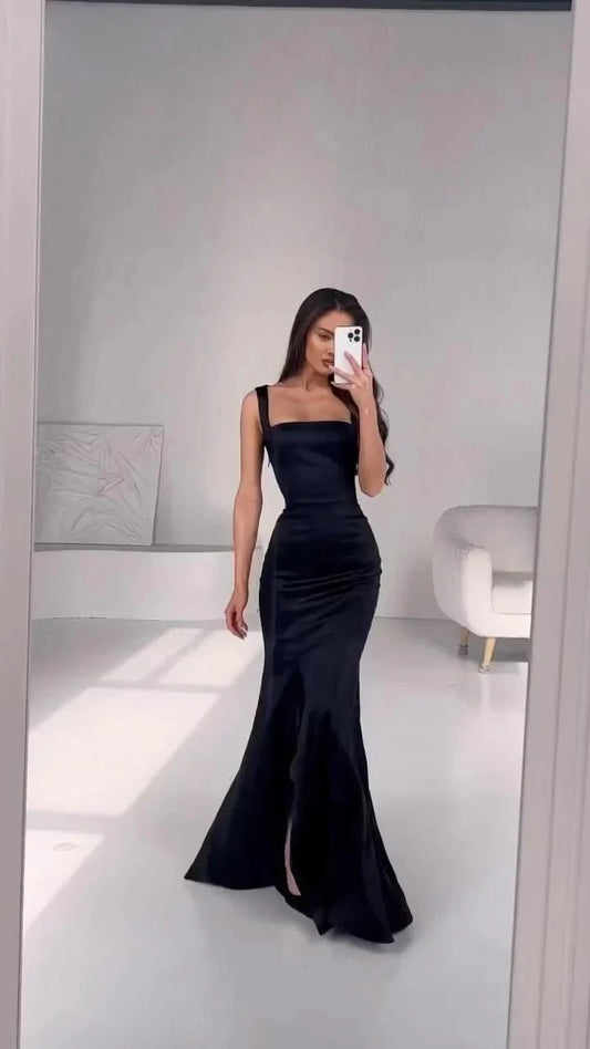 Simple Mermaid Square Neck Sleeveless Black Satin Prom Dresses Formal Summer Wedding Guest Dresses Wedding Guest Outfits simple gentle atmospheric and unique desi Bring summer colors to enhance whiteness by YiHuiw