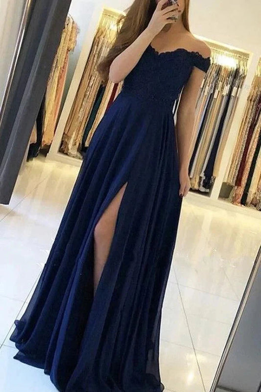 Simple Navy Chiffon A Line Off the Shoulder Prom Dresses With Side Split simple gentle atmospheric and unique desi Bring summer colors to enhance whiteness by YiHuiw