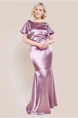 Simple Satin Square Neck Ruffled Sleeve V-Back Mermaid Floor-Length Mother of the Bride Dress