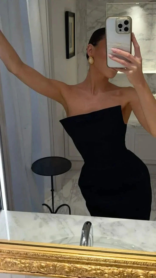 Simple Sheath Strapless Black Prom Dresses Formal Summer Wedding Guest Dresses Wedding Guest Outfits simple gentle atmospheric and unique desi Bring summer colors to enhance whiteness by YiHuiw