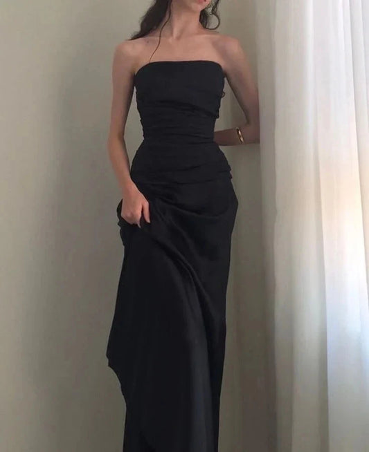 Simple Sheath Strapless Sleeveless Black Satin Prom Dresses Formal Summer Wedding Guest Dresses Wedding Guest Outfits simple gentle atmospheric and unique desi Bring summer colors to enhance whiteness by YiHuiw