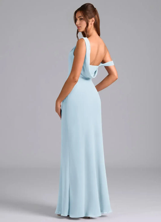 Sky Blue Mermaid One-Shoulder Chiffon High Slit Floor-Length Wedding Dress - Yihuiw by Yihuiw