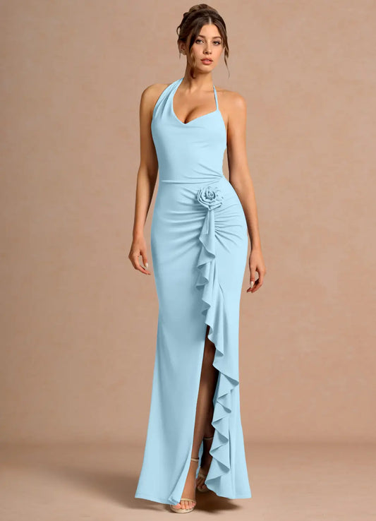 Sky Blue Mermaid Halter High Slit Floor-Length Wedding Dress - Yihuiw by Yihuiw