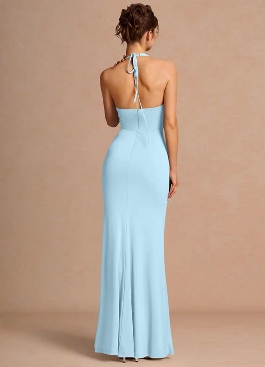 Sky Blue Mermaid Halter High Slit Floor-Length Wedding Dress - Yihuiw by Yihuiw