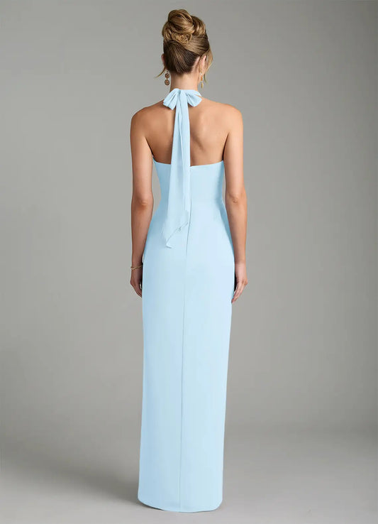 Sky Blue Mermaid Halter Crepe High Slit Floor-Length Wedding Dress - Yihuiw by Yihuiw