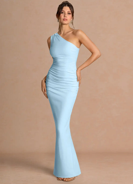 Sky Blue Mermaid One-Shoulder High Slit Floor-Length Wedding Dress - Yihuiw by Yihuiw