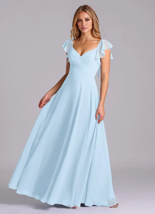 Sky Blue A-Line Sweetheart Chiffon Cap Sleeve Open Back Ruffled Floor-Length Wedding Dress - Yihuiw by Yihuiw