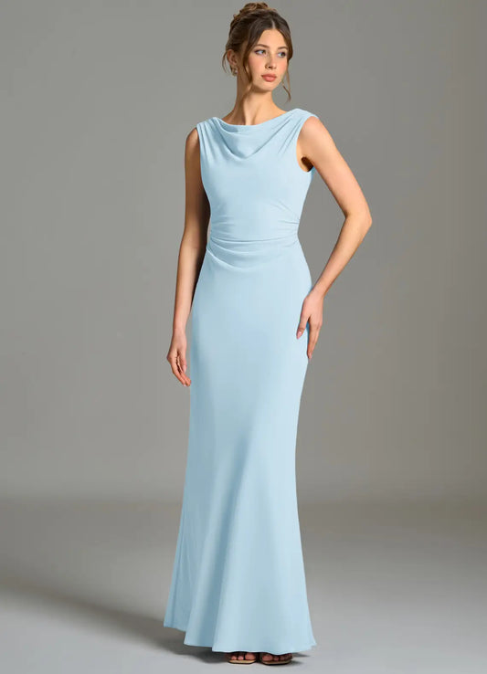 Sky Blue Mermaid Cowl Neck Chiffon Sleeveless Ruched Floor-Length Wedding Dress - Yihuiw by Yihuiw