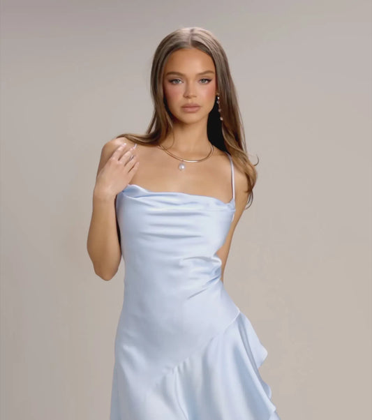 Sky Blue Spaghetti Strap Lace Lace-Up Back High Slit Floor-Length Wedding Dress - Yihuiw by Yihuiw