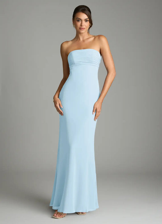 Sky Blue Mermaid Strapless Chiffon Pleated Floor-Length Wedding Dress - Yihuiw by Yihuiw
