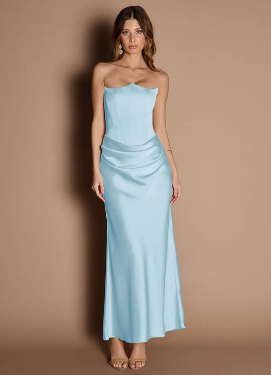 Sky Blue Mermaid Strapless Satin Ruched Floor-Length Wedding Dress - Yihuiw by Yihuiw