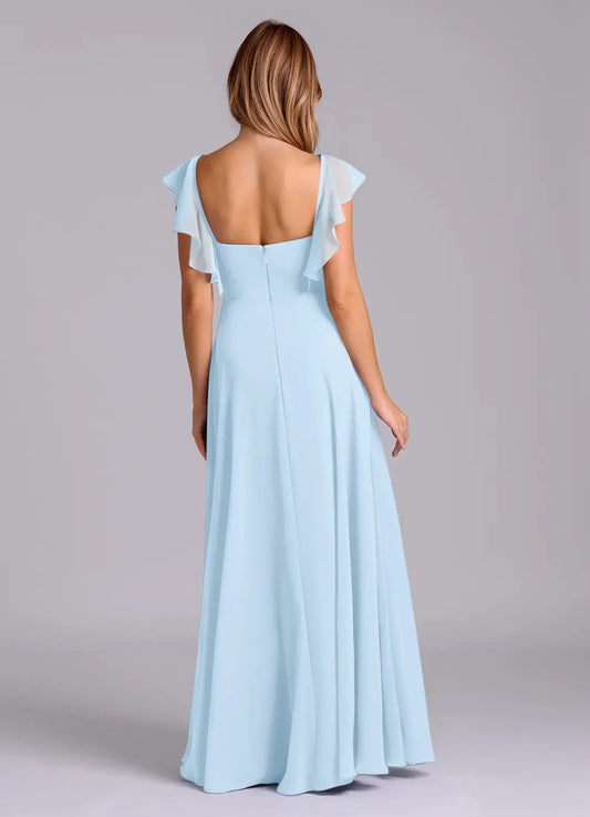 Sky Blue A-Line V-Neck Chiffon Cap Sleeve Ruffled Floor-Length Wedding Dress - Yihuiw by Yihuiw