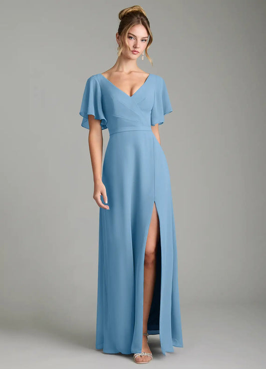 Sky Blue A-Line V-Neck Chiffon Cap Sleeve High Slit Floor-Length Wedding Dress - Yihuiw by Yihuiw
