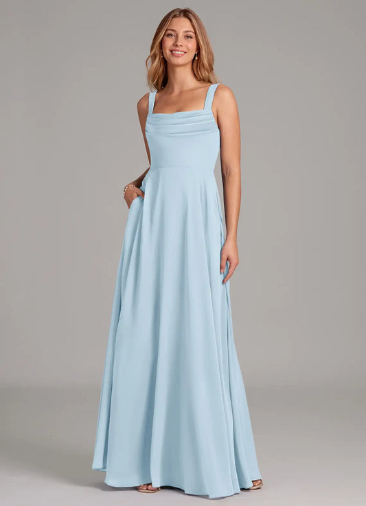 Sky Blue A-Line Square Neck Chiffon Pleated Floor-Length Wedding Dress - Yihuiw by Yihuiw