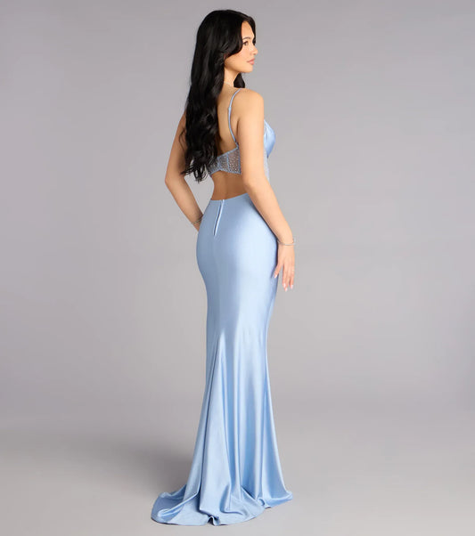 Mermaid Spaghetti Strap Satin Lace-Up Back High Slit Floor-Length Wedding Dress - Yihuiw by Yihuiw