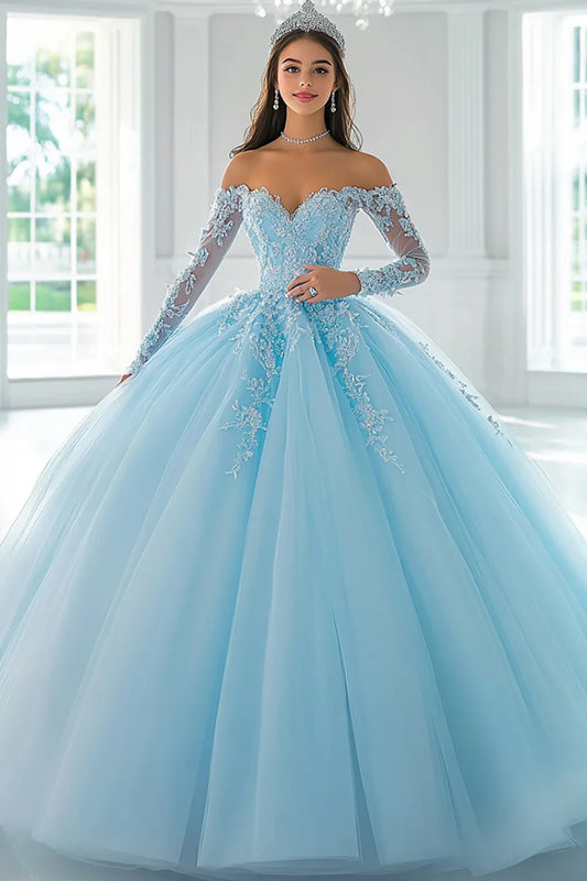 Sky Blue Off-the-Shoulder Ball Gown Prom Dress with Lace Appliques and Long Sleeves