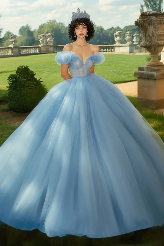 Sky Blue Off-the-Shoulder Ball Gown Prom Dress with Puff Sleeves and Tulle Skirt