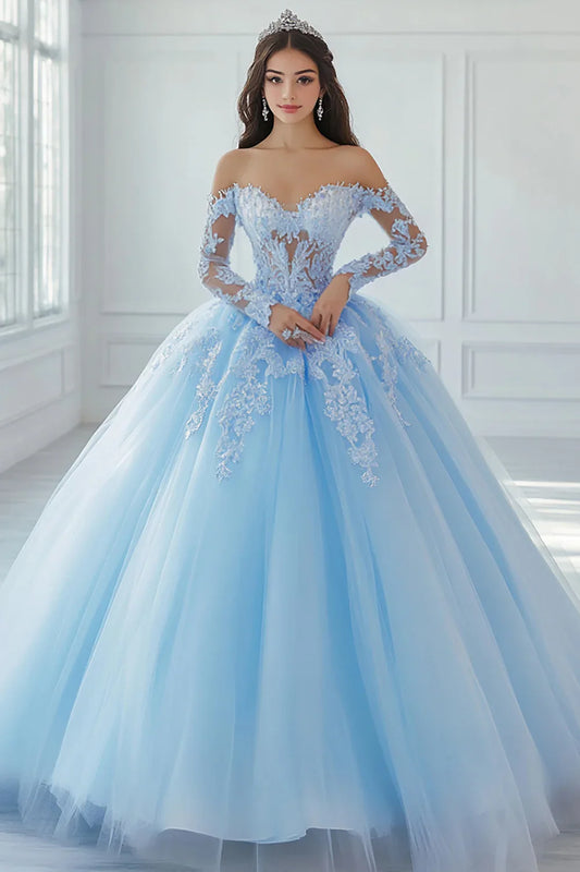 Light Blue Off-the-Shoulder Ball Gown Prom Dress with Lace Appliques and Sheer Long Sleeves