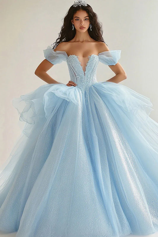 Light Blue Off-the-Shoulder Ball Gown Prom Dress with Corset Bodice and Layered Tulle Skirt