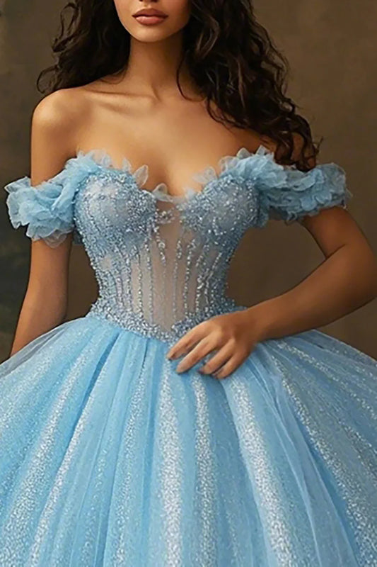 Sky Blue Off-the-Shoulder Glitter Ball Gown Prom Dress with Beaded Corset Bodice