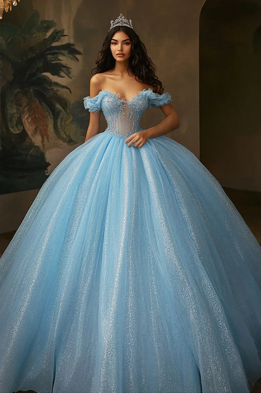 Sky Blue Off-the-Shoulder Glitter Ball Gown Prom Dress with Beaded Corset Bodice
