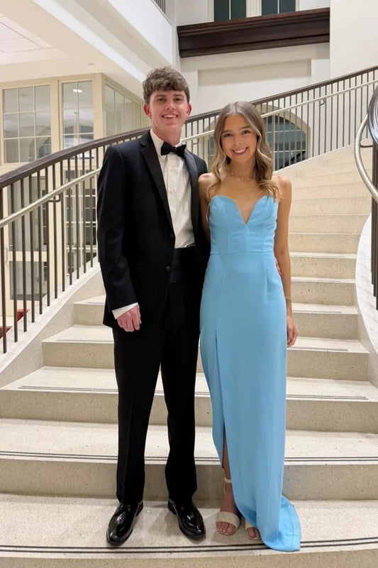 Sky Blue Strapless Prom Dresses Sweetheart High Slit Train Formal Evening Gown by JiMiss Dresses