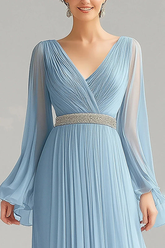 A-Line V-Neck Long-Sleeve Closed-Back Floor-Length Evening Dress