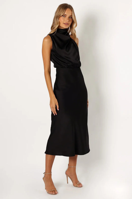 Halter Satin Asymmetric Midi Wedding Dress - Yihuiw by Yihuiw