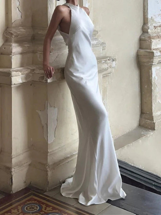 Sleek Ivory Halter Neck Tie-Back Open Back Mermaid Floor-Length Wedding Dress with Sweep Train