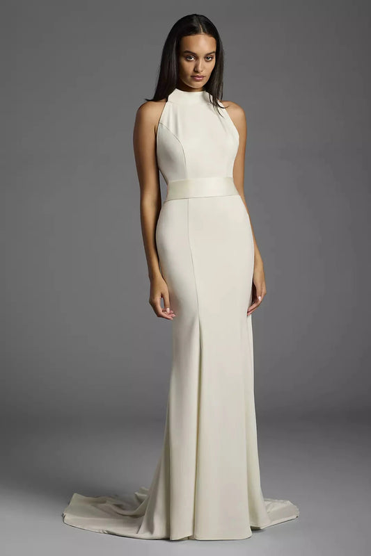 Sleek Mermaid Halter Sleeveless Cut-Out Back Train Wedding Dress by YiHuiw