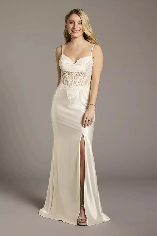 Sleek Mermaid Spaghetti-Strap V-Neck Lace-Overlay Satin Slit-Back Floor-Length Wedding Dress by YiHuiw