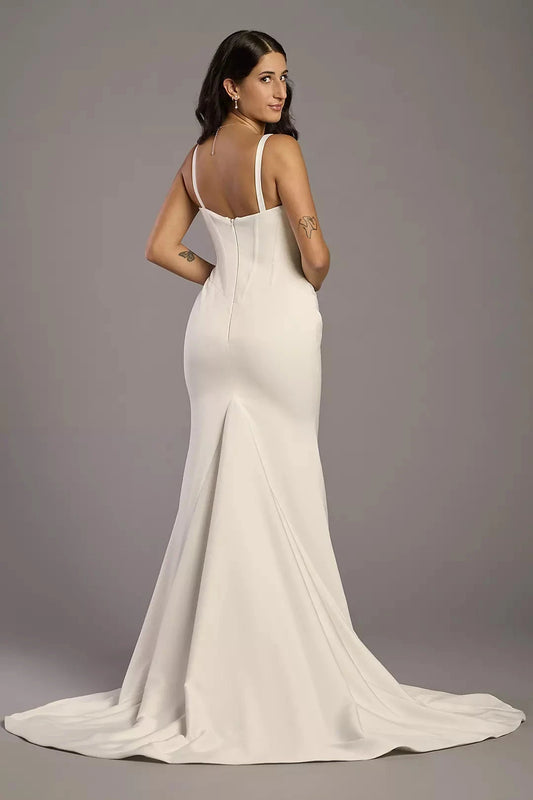 Sleek Mermaid Square-Neck Spaghetti-Strap Satin Corset-Back Train Wedding Dress by YiHuiw