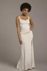 Sleek Modern Mermaid Square-Neck Spaghetti-Strap Satin Ruched Bodice Low-Back High-Slit Wedding Dress