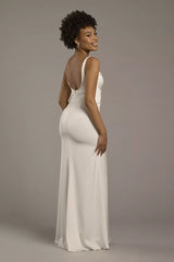 Sleek Modern Mermaid Square-Neck Spaghetti-Strap Satin Ruched Bodice Low-Back High-Slit Wedding Dress