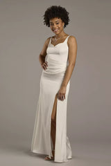 Sleek Modern Mermaid Square-Neck Spaghetti-Strap Satin Ruched Bodice Low-Back High-Slit Wedding Dress