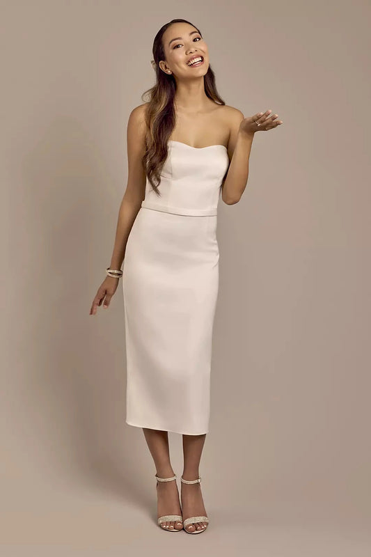 Sleek Modern Sheath Strapless Sweetheart Satin Waist-Banded Midi High-Slit Wedding Dress by YiHuiw
