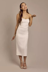 Sleek Modern Sheath Strapless Sweetheart Satin Waist-Banded Midi High-Slit Wedding Dress