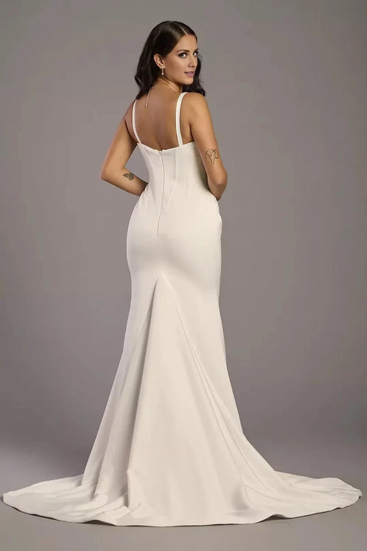Sleek Satin Mermaid Square-Neck Pleated-Bodice Low-Back Train Wedding Dress by YiHuiw