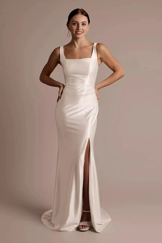 Sleek Satin Trumpet Square-Neck Low-Back High-Slit Train Wedding Dress by YiHuiw