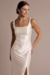 Sleek Satin Trumpet Square-Neck Low-Back High-Slit Train Wedding Dress