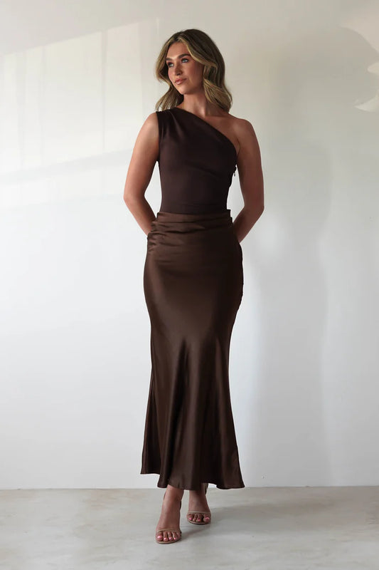 Sleek satin sheath one-shoulder open-back midi evening dress