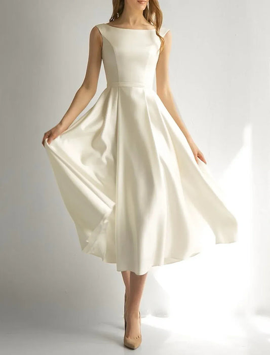 A-Line Satin Sleeveless Midi Wedding Gown - Yihuiw by Yihuiw
